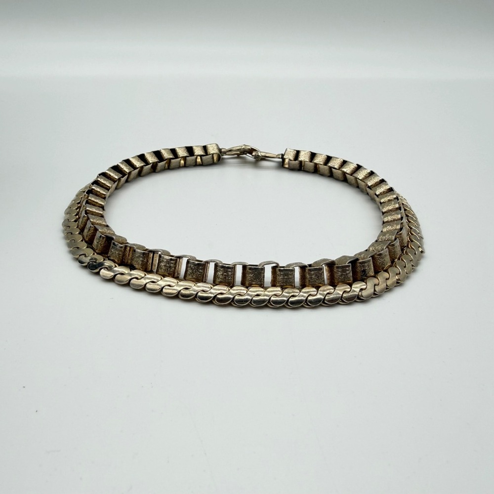 Vintage Gold Tone Double Strand Etched Box Link and Flat Curb Choker Necklace